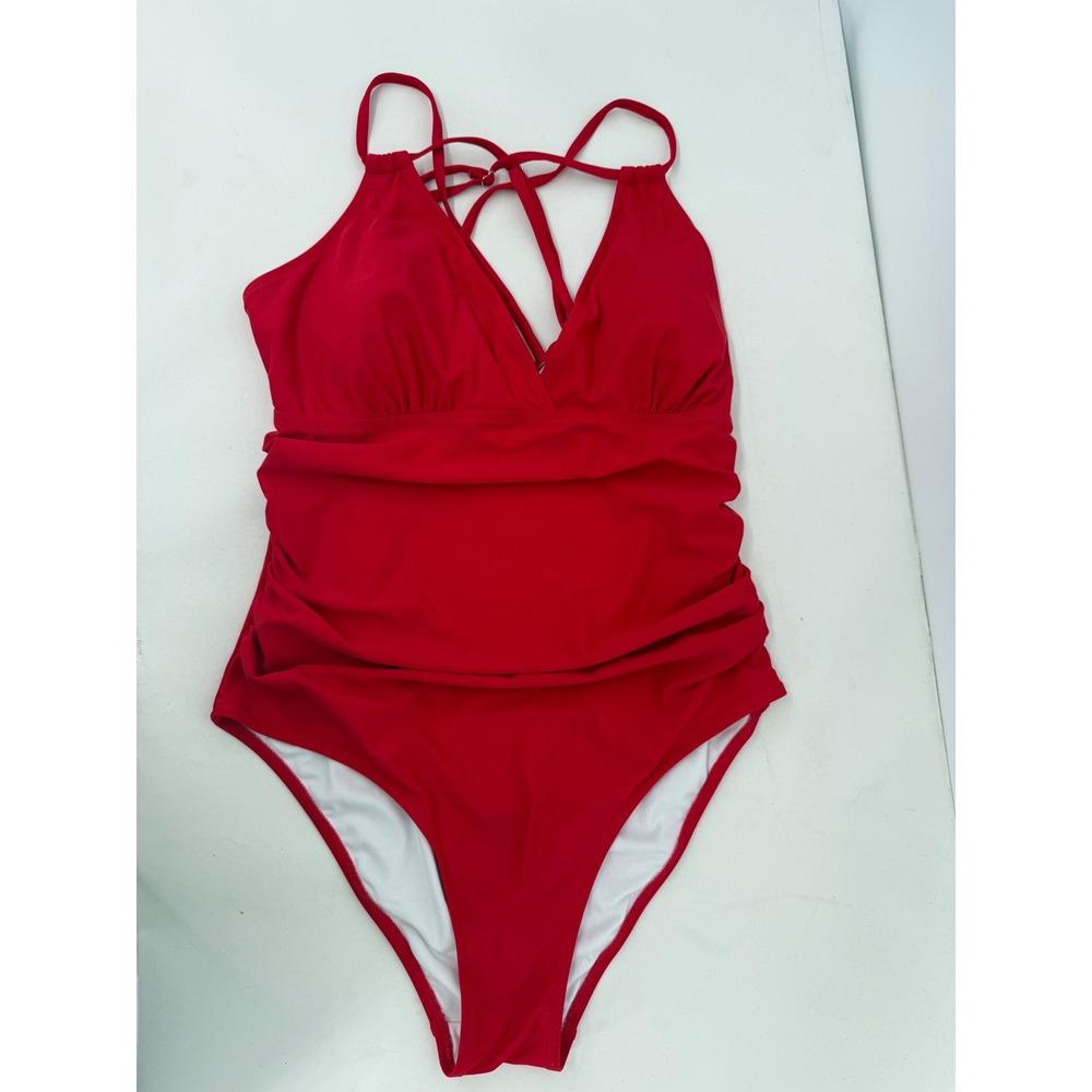 Charmo Womens Red Ruched One Piece Swimsuit‎ Strappy Back Tummy Control Sz XL